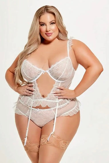 Plus size Portia swiss dot bustier and thong set white
