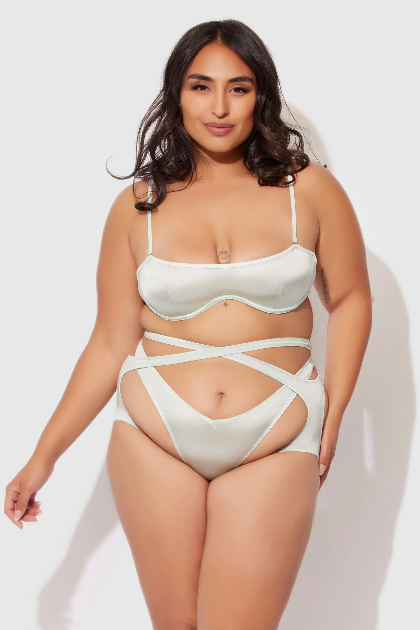 Plus size Zoe bandeau bra ,wrap garter and tanga set aqua