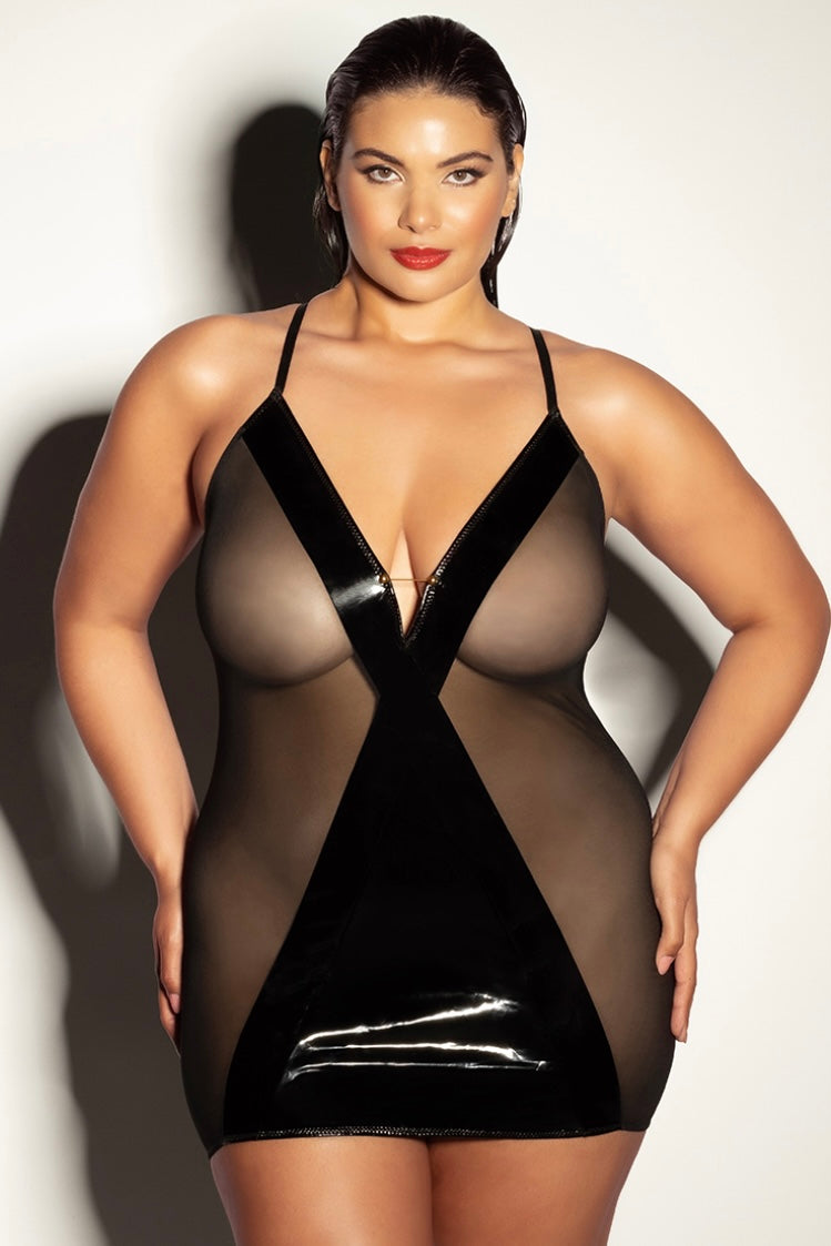 Plus size Vinyl and mesh babydoll