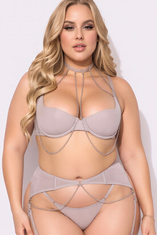 Plus size Presley rhinestone demi bra, garter,and g-string set