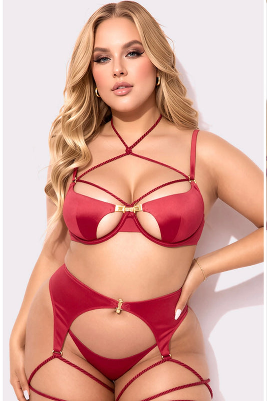 Plus size Rope bra, garter and thong set