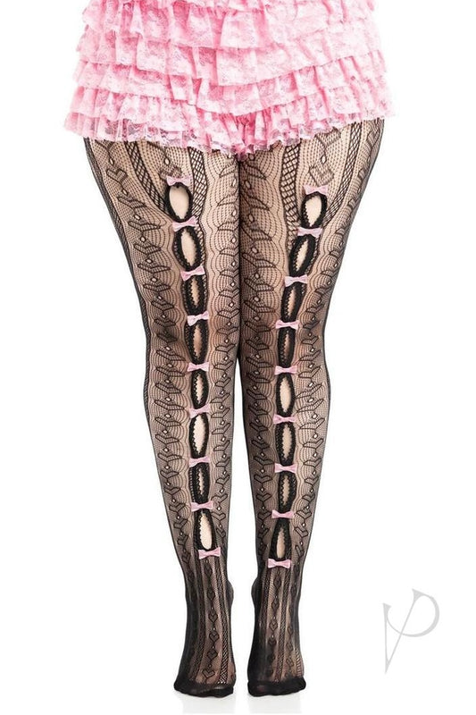 Plus size Sweetheart Striped Net Tights with Keyhole black/pink