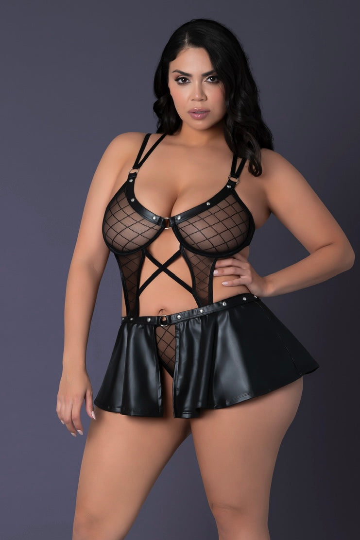 Plus size Fierce & Flirty Mesh and Faux Leather Babydoll Set