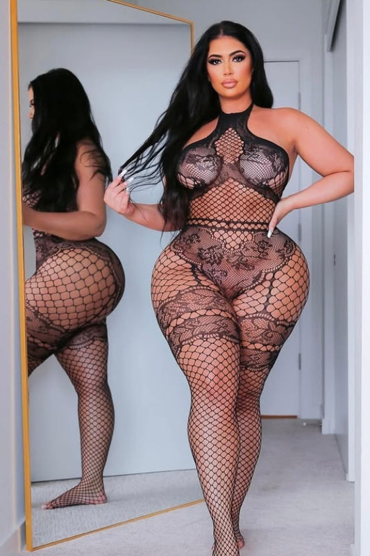 Plus size Bodystocking with Faux Lace Lingerie Detail