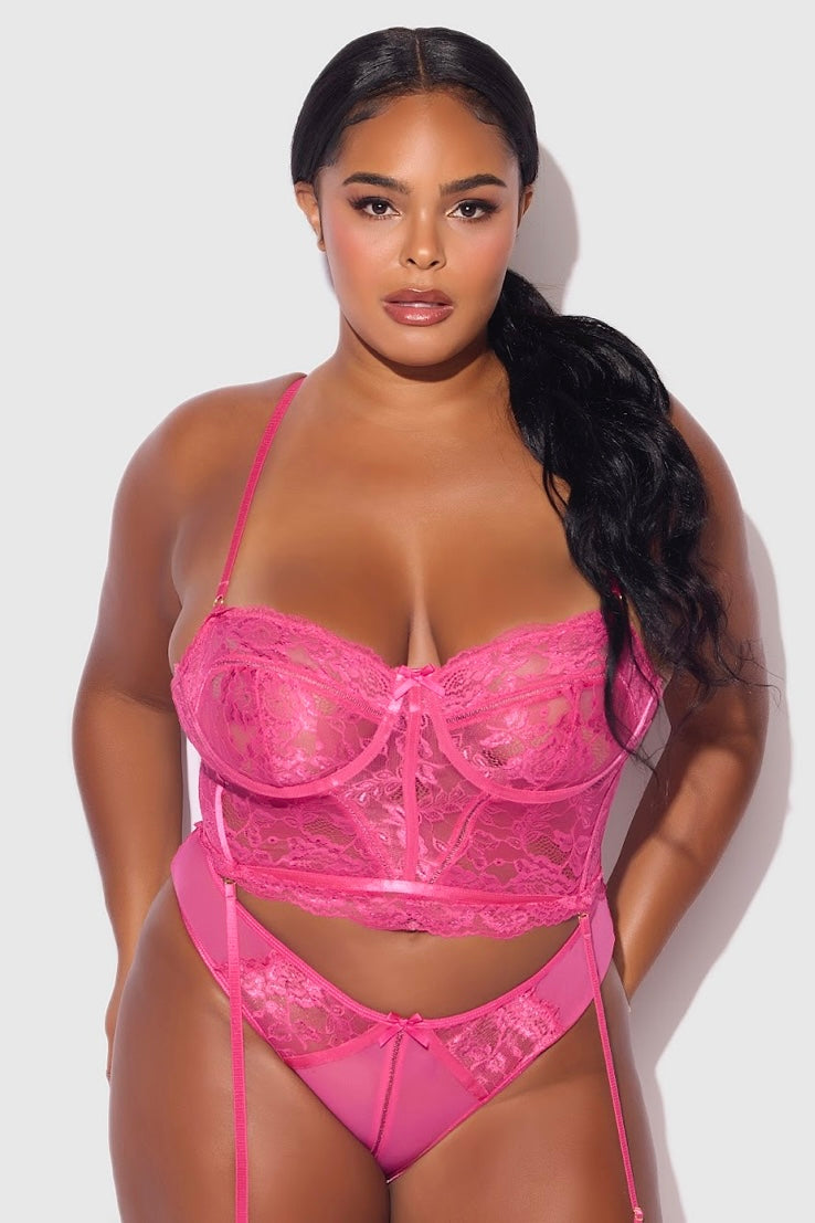 Plus size Harlow lace and mesh bustier Fuchsia