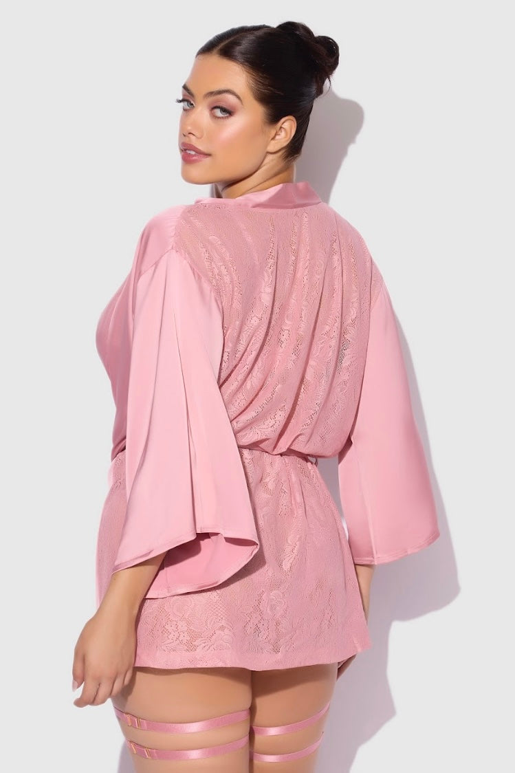 Plus size Helena satin and lace back short robe pink
