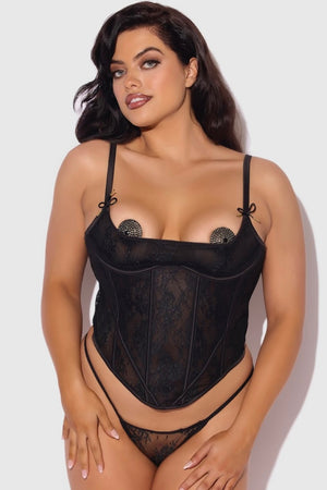 Plus size Jocelyn lace underwire bustier and g-string set