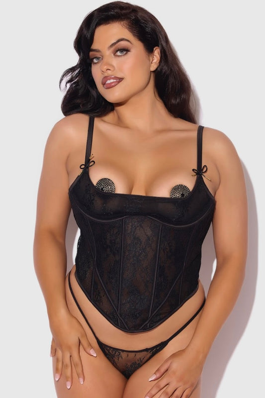 Plus size Jocelyn lace underwire bustier and g-string set