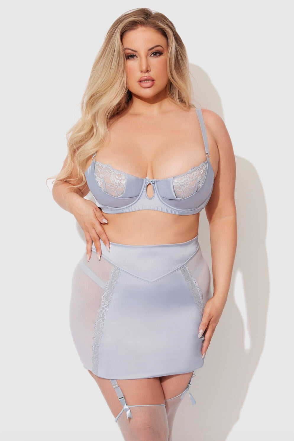 Plus size satin and lace bra , skirt and tanga set