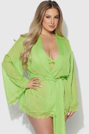 Plus size Shavon robe , bralette and gstring lime