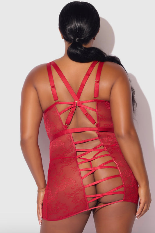 Plus size Kiki lace babydoll and g-string set red