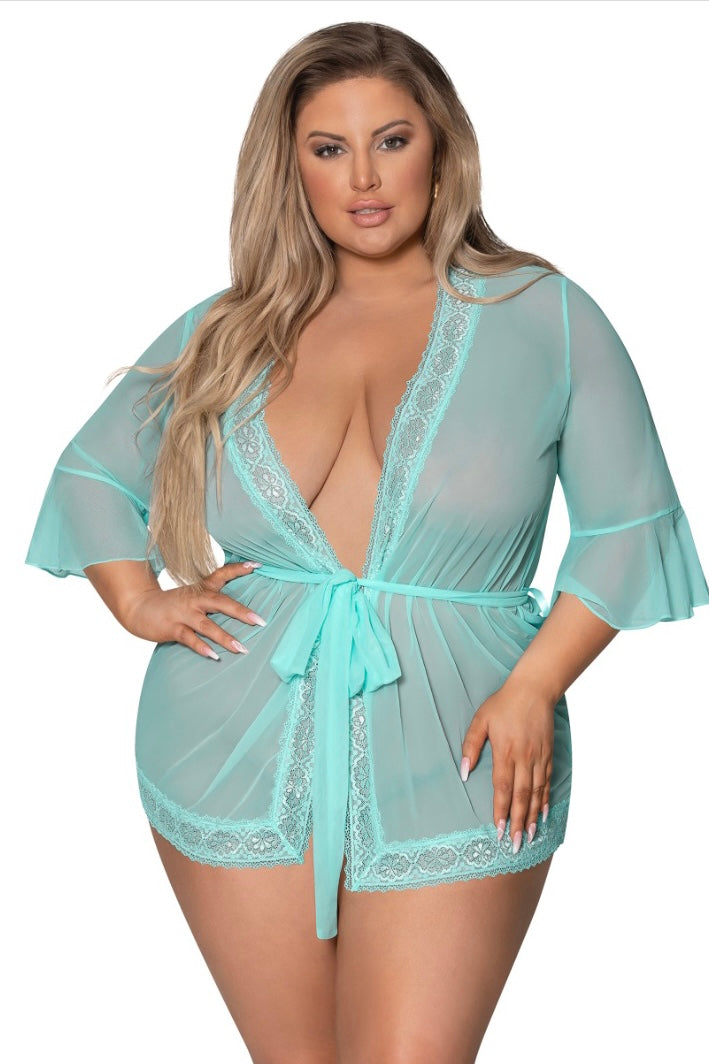 Flutter Sleeve Robe with Lace Trim turquoise - CurvynBeautiful 