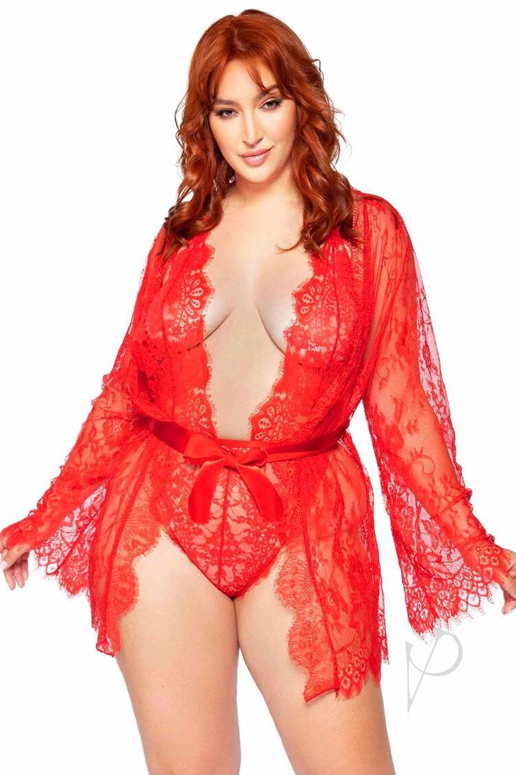 Floral Lace Teddy And matching robe red - CurvynBeautiful 